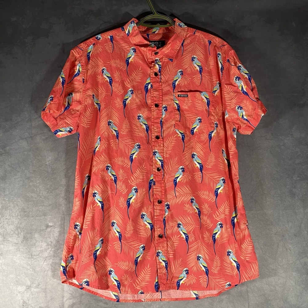 Zoo York Hawaiian Button Down Shirt All Over Parrot Print Short Sleeve Size XL